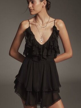 Black Ruffled Spaghetti-Strap lace romper